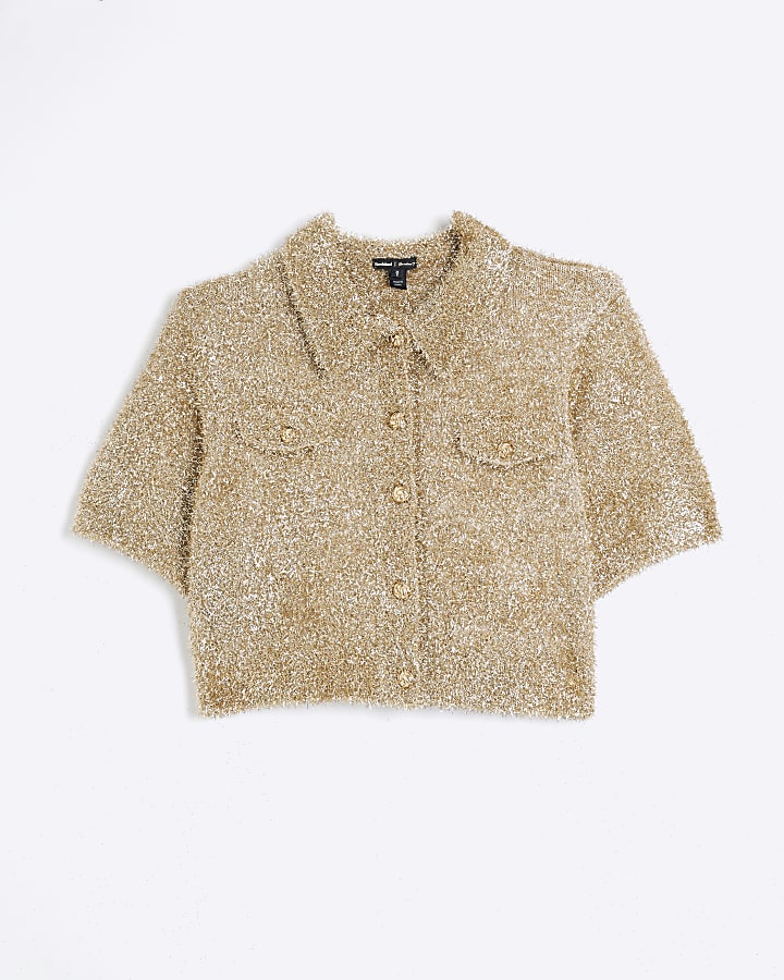 Gold Tinsel Button Up Top