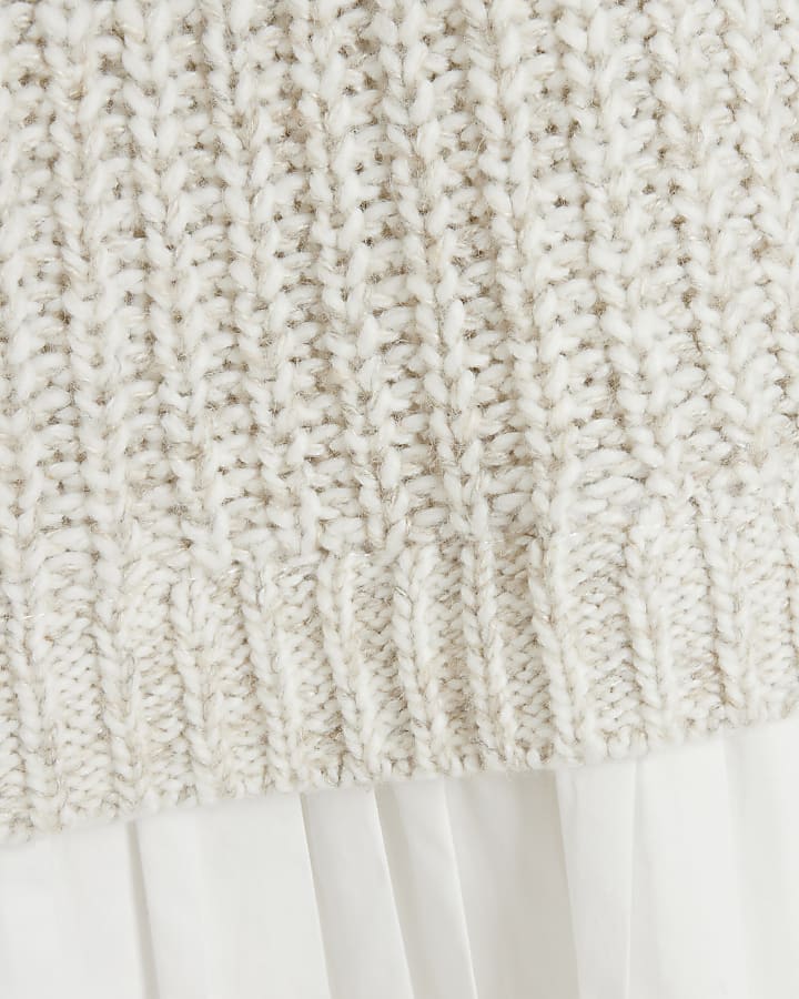 Beige Knit Half Zip Pleated Jumper Mini Dress