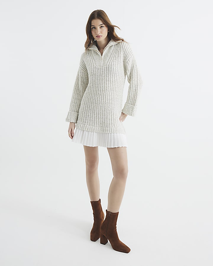 Beige Knit Half Zip Pleated Jumper Mini Dress