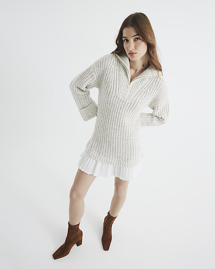 Beige Knit Half Zip Pleated Jumper Mini Dress