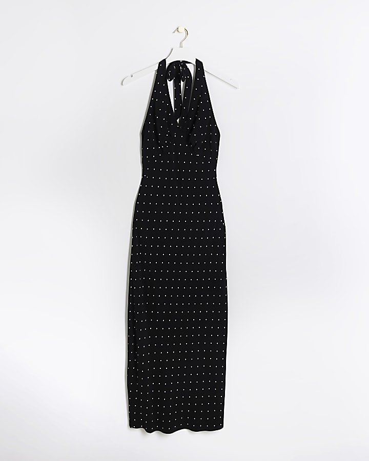 Black spot halter neck slip maxi dress