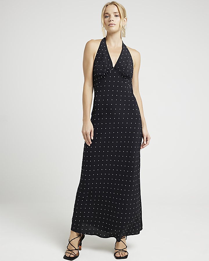 Black spot halter neck slip maxi dress