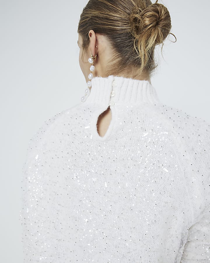 Cream Sequin Overlay High Neck Jumper