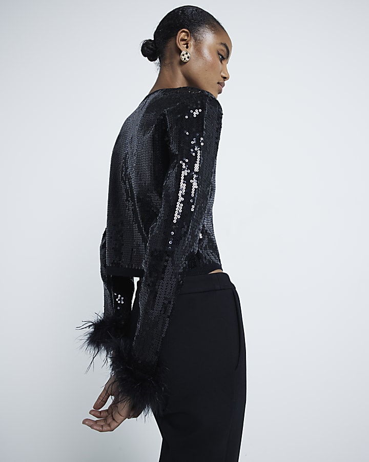 Black Sequin Feather Cuff Cardigan