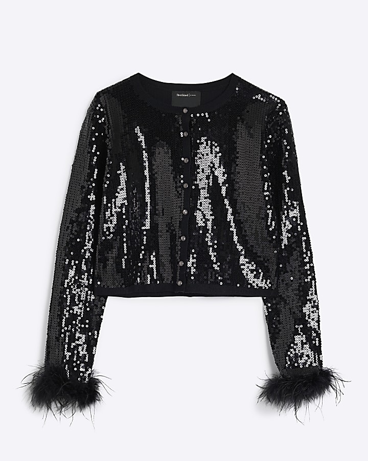 Black Sequin Feather Cuff Cardigan