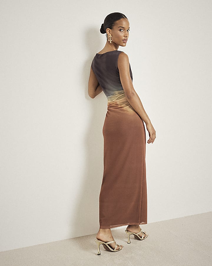 Brown mesh ombre bodycon midi dress