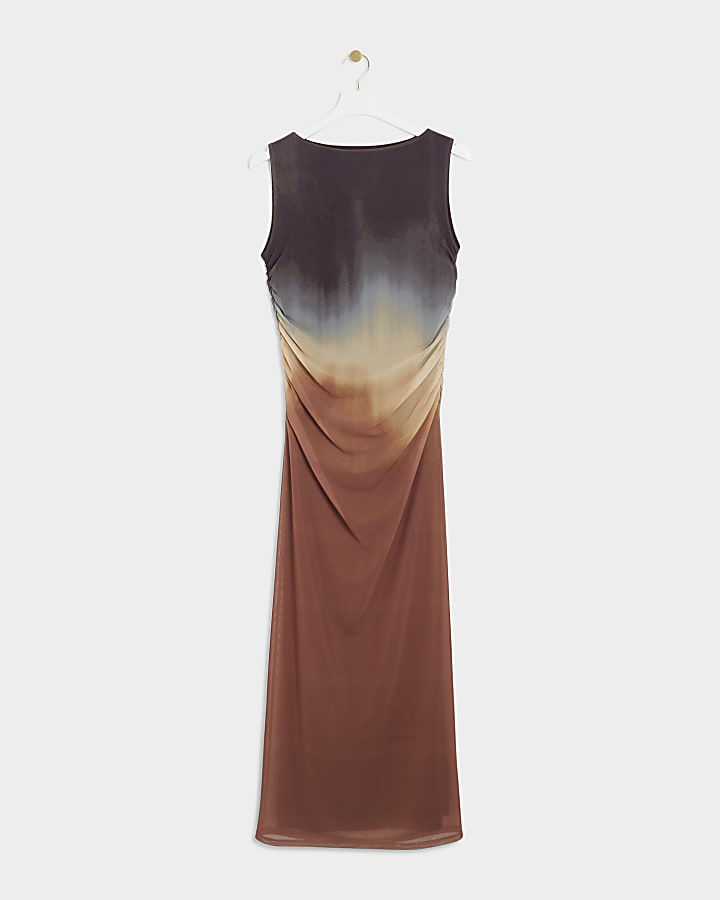 Brown mesh ombre bodycon midi dress