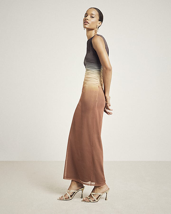 Brown mesh ombre bodycon midi dress