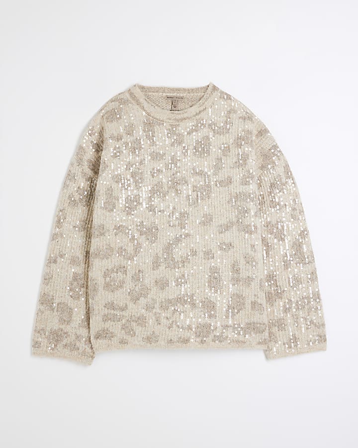 Beige Leopard Print Sequin Jumper