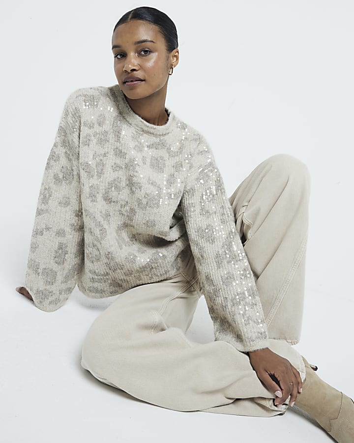 Beige Leopard Print Sequin Jumper