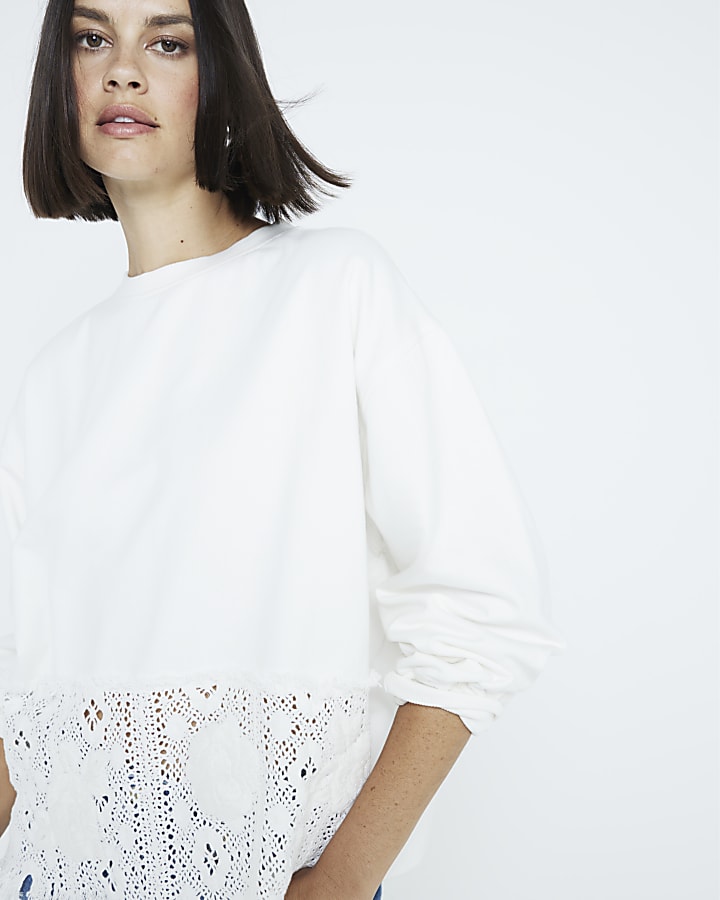 White Crochet Hem Sweatshirt