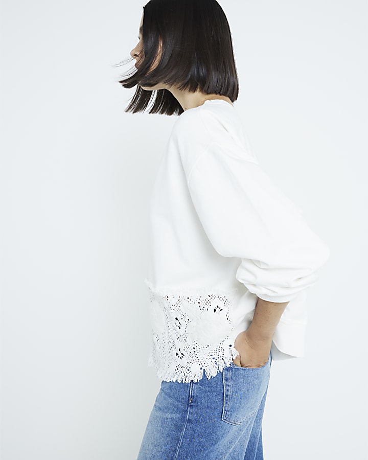 White Crochet Hem Sweatshirt