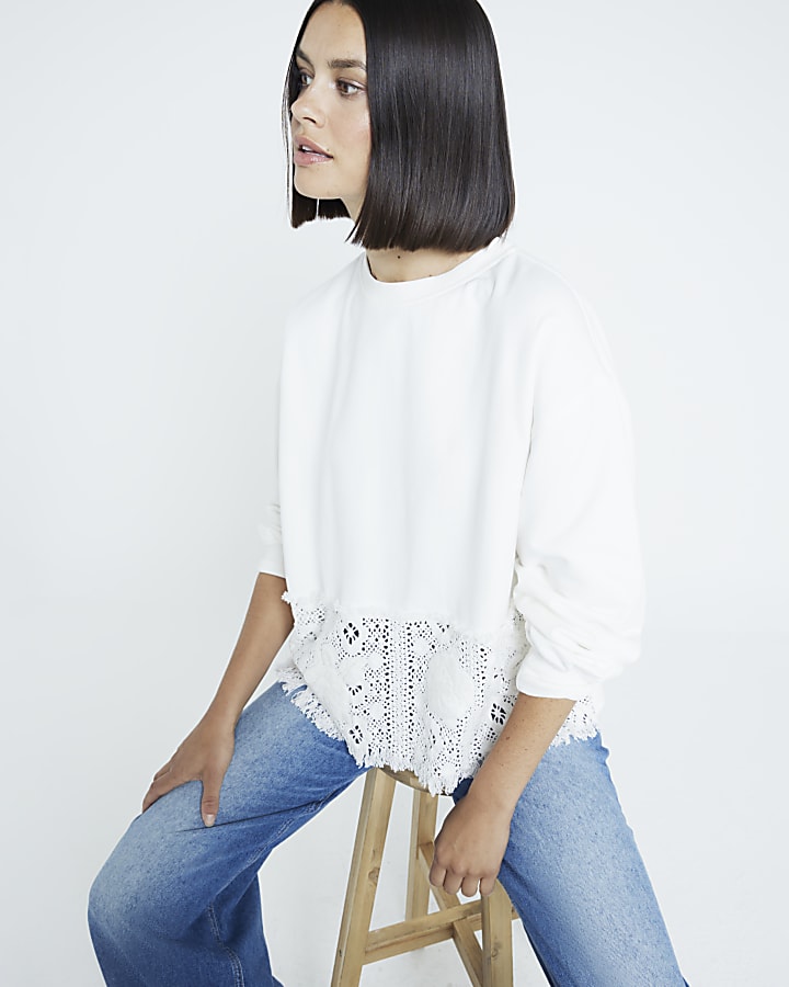 White Crochet Hem Sweatshirt