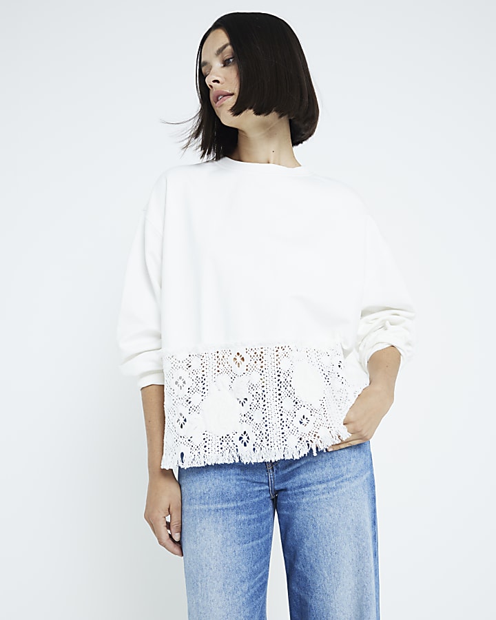 White Crochet Hem Sweatshirt