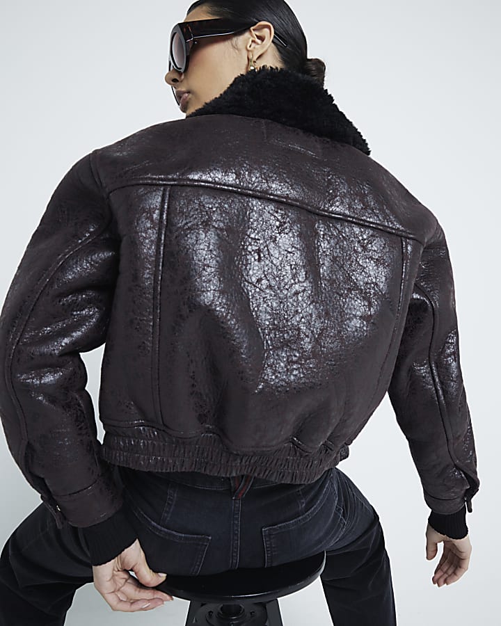 Brown faux leather bomber