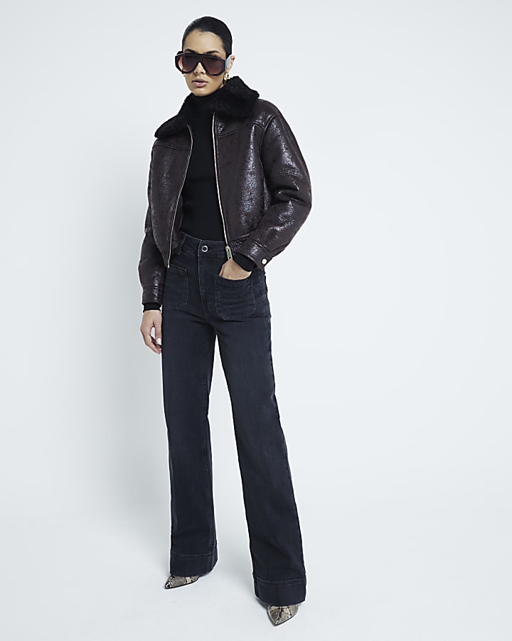 Brown faux leather bomber