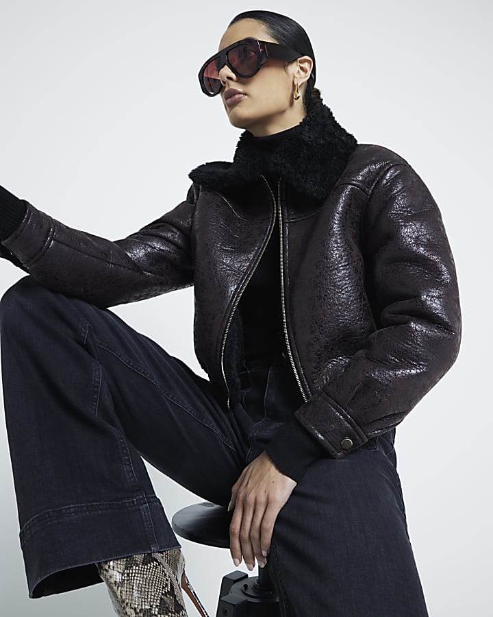 Brown faux leather bomber