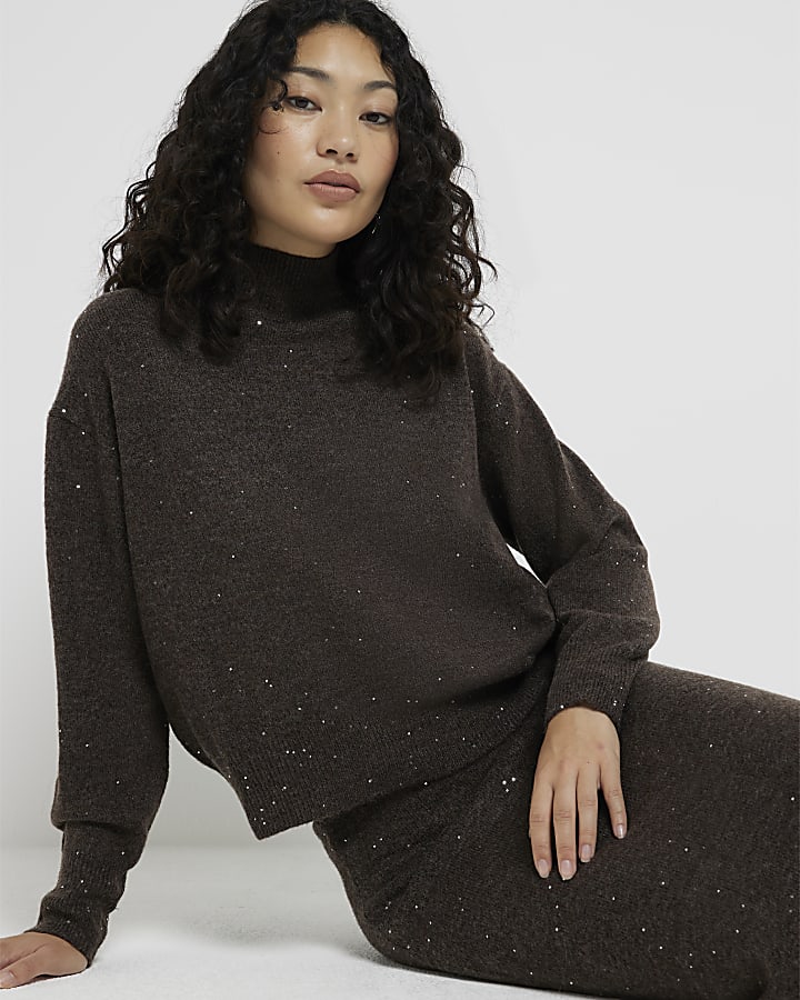 Brown High Neck Sequin Jumper