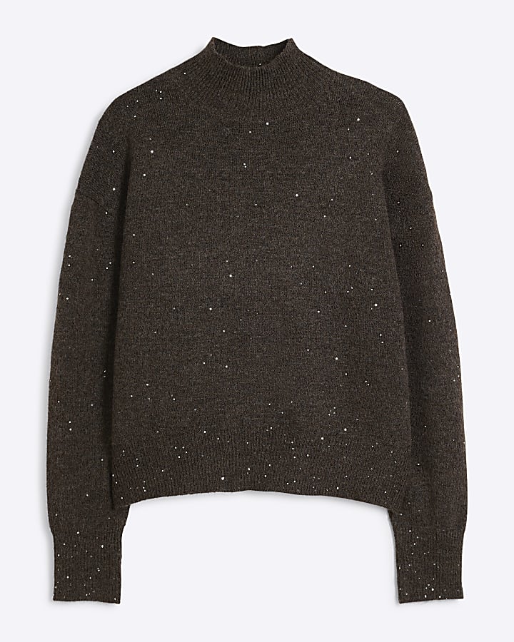 Brown High Neck Sequin Jumper