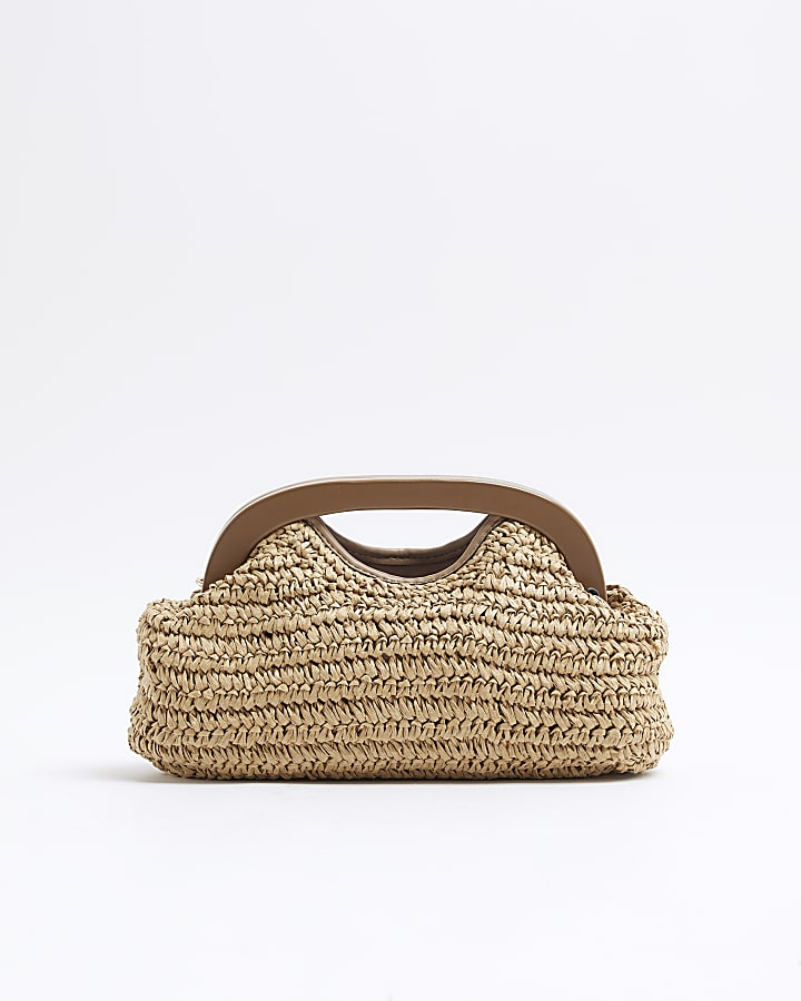 Beige Raffia Flower Clutch Bag