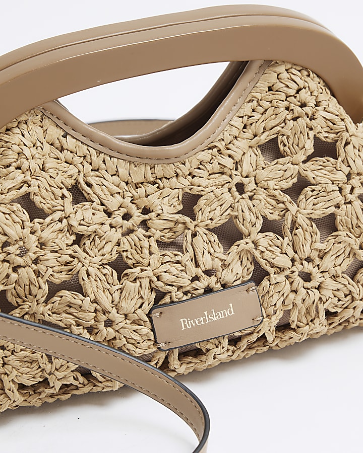 Beige Raffia Flower Clutch Bag