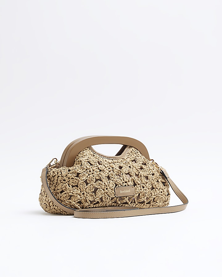 Beige Raffia Flower Clutch Bag