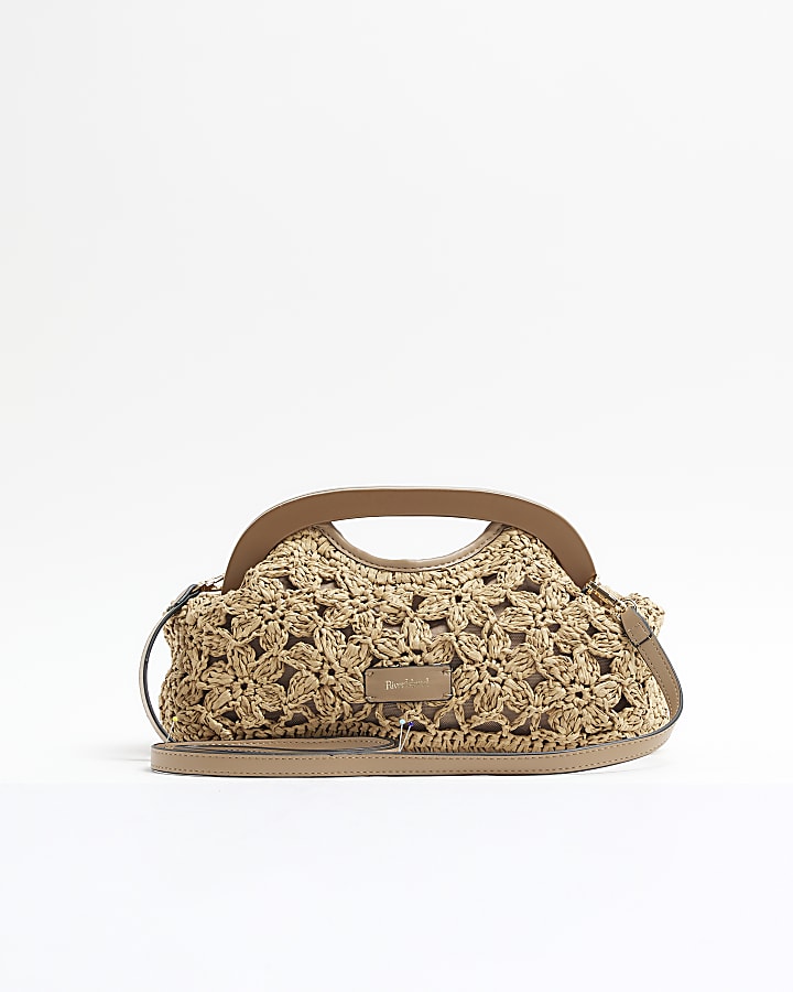 Beige Raffia Flower Clutch Bag