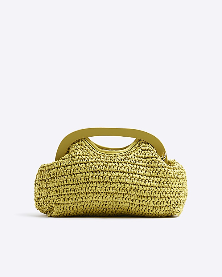 Green Raffia Floral Clutch Bag