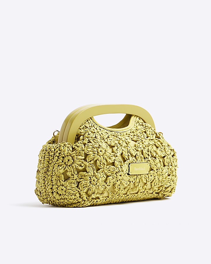 Green Raffia Floral Clutch Bag