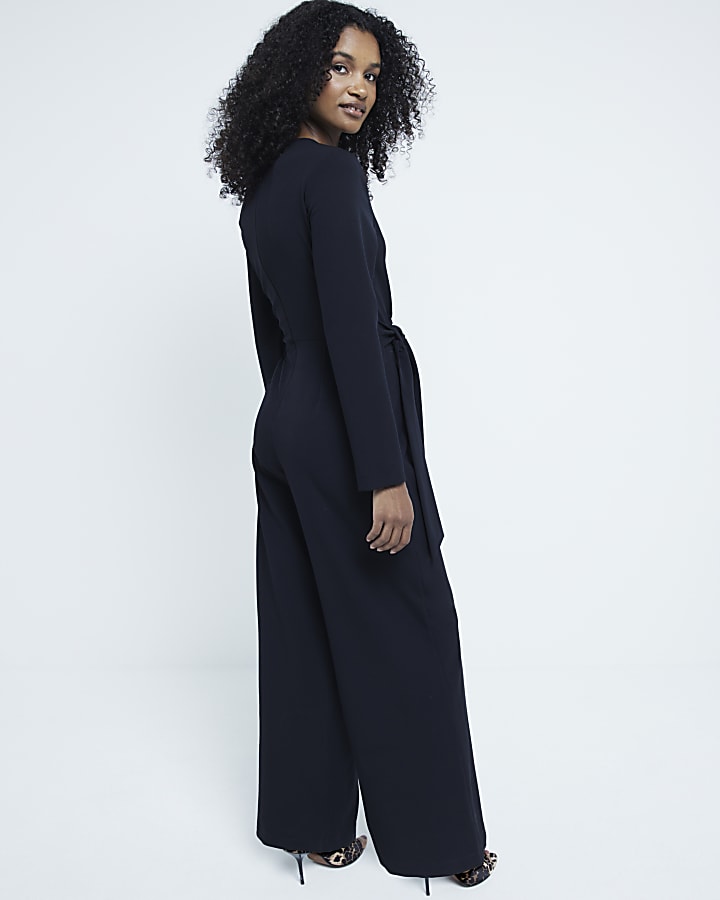 Black Tailored Wrap Front Jumpsuit