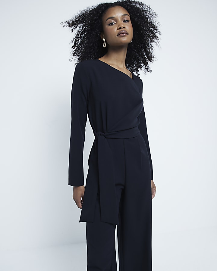 Black Tailored Wrap Front Jumpsuit