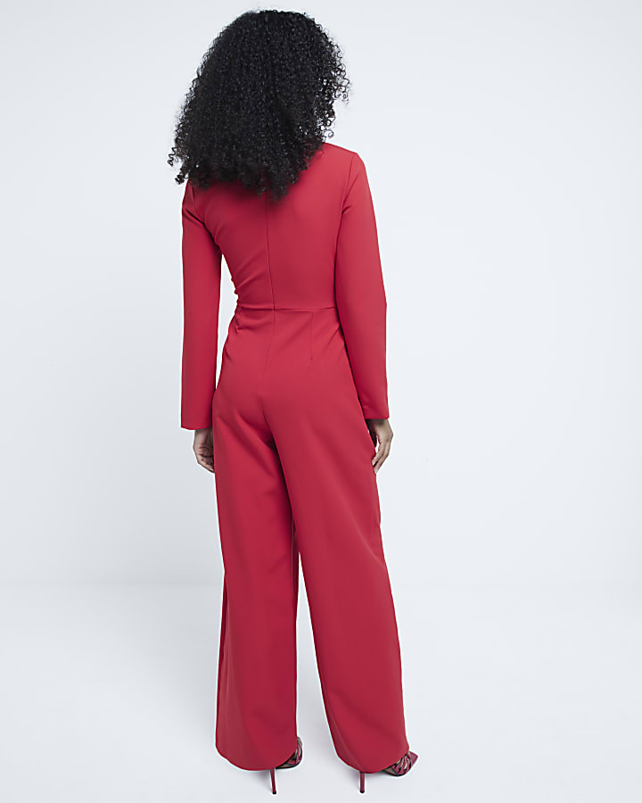 Red Tailored Wrap Front Jumpsuit