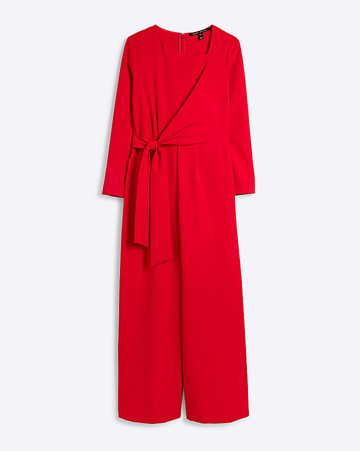 Red Tailored Wrap Front Jumpsuit