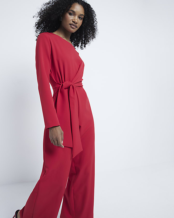 Red Tailored Wrap Front Jumpsuit