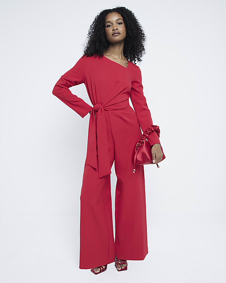 Red Tailored Wrap Front Jumpsuit