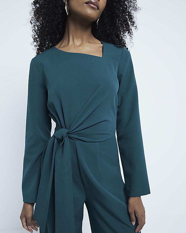 Green Tailored Wrap Front Jumpsuit