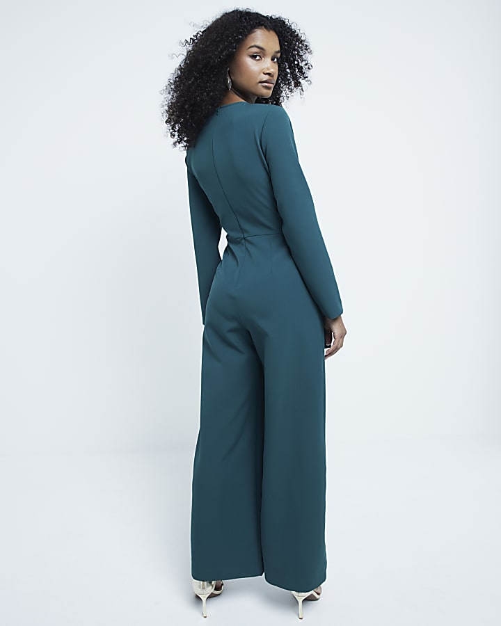 Green Tailored Wrap Front Jumpsuit