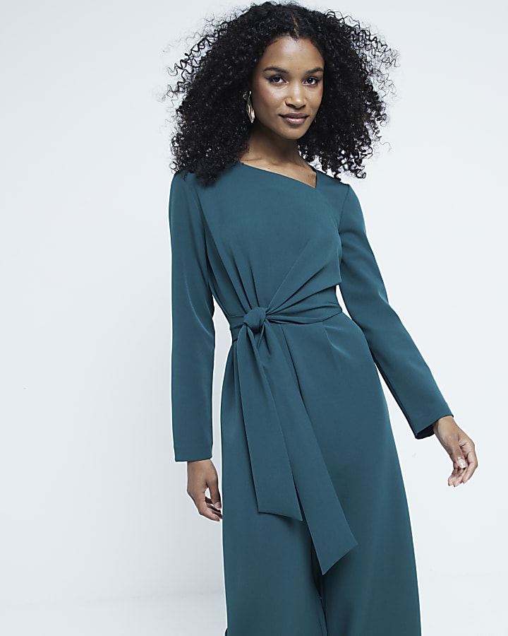 Green Tailored Wrap Front Jumpsuit