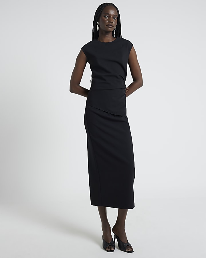 Black Ruched Asymmetric Top