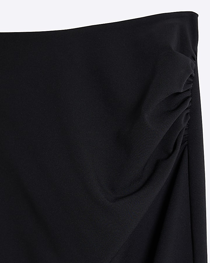 Black Ruched Side Tailored Midi Skirt