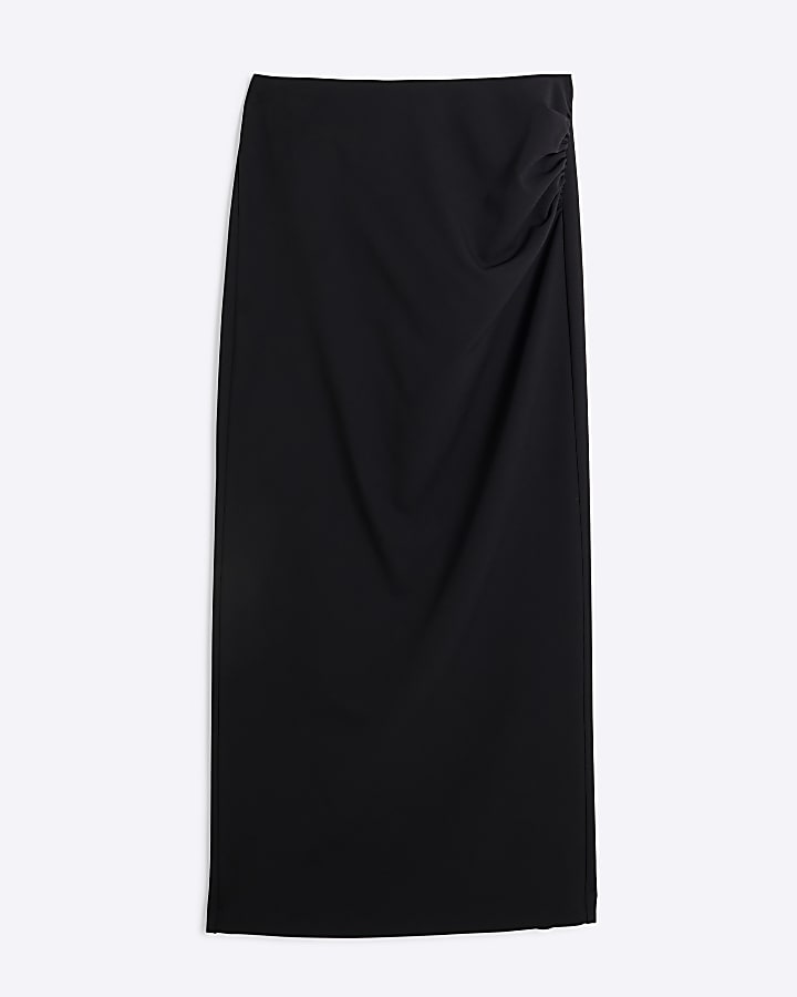 Black Ruched Side Tailored Midi Skirt