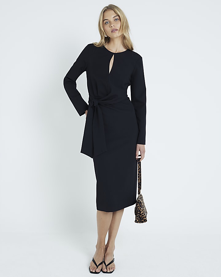 Black Tie Front Midi Dress River Island