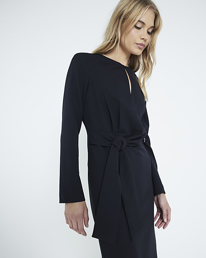 Black Tie Front Midi Dress