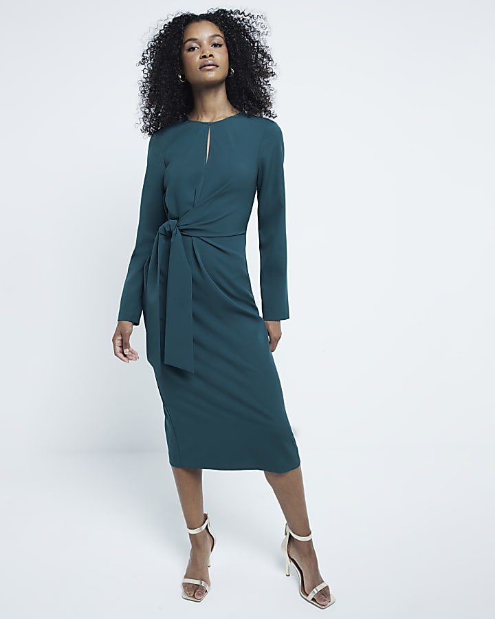 Green Tie Front Midi Dress