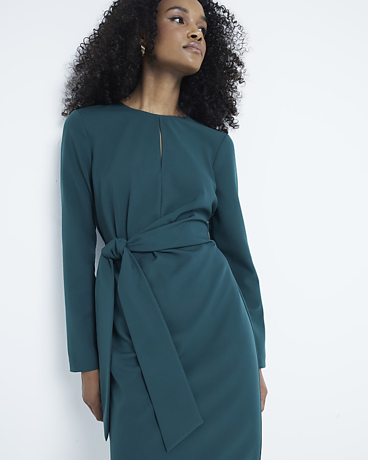 Green Tie Front Midi Dress