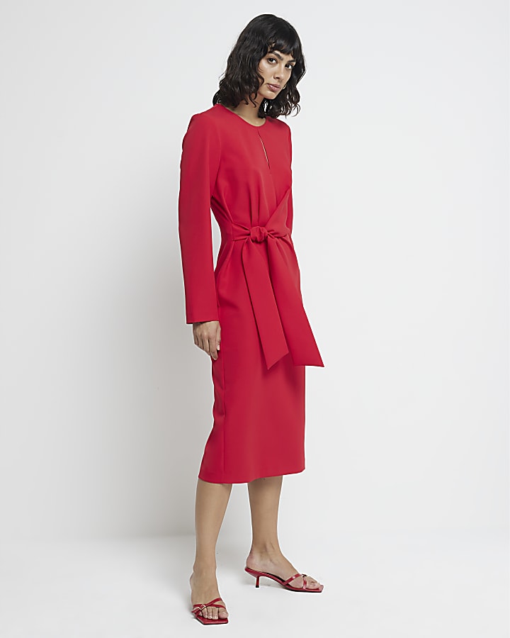 Red Tie Front Midi Dress