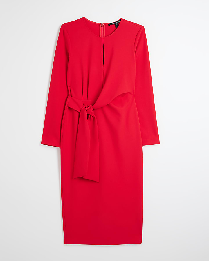 Red Tie Front Midi Dress