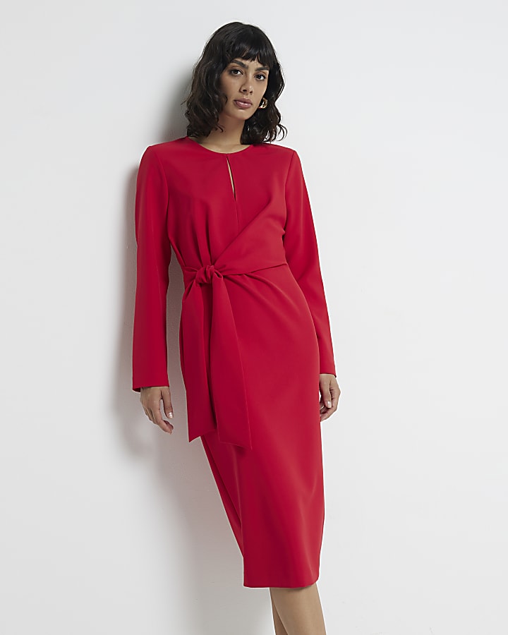 Red Tie Front Midi Dress