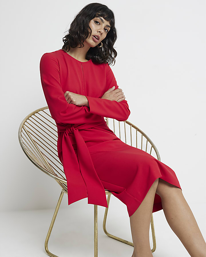 Red Tie Front Midi Dress