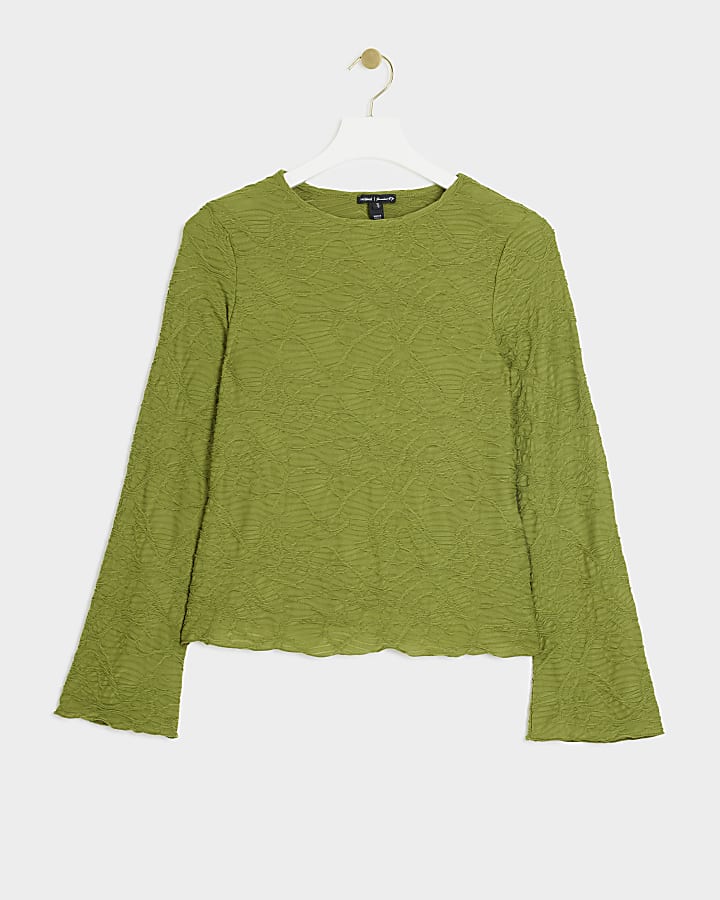 Green textured long sleeve top